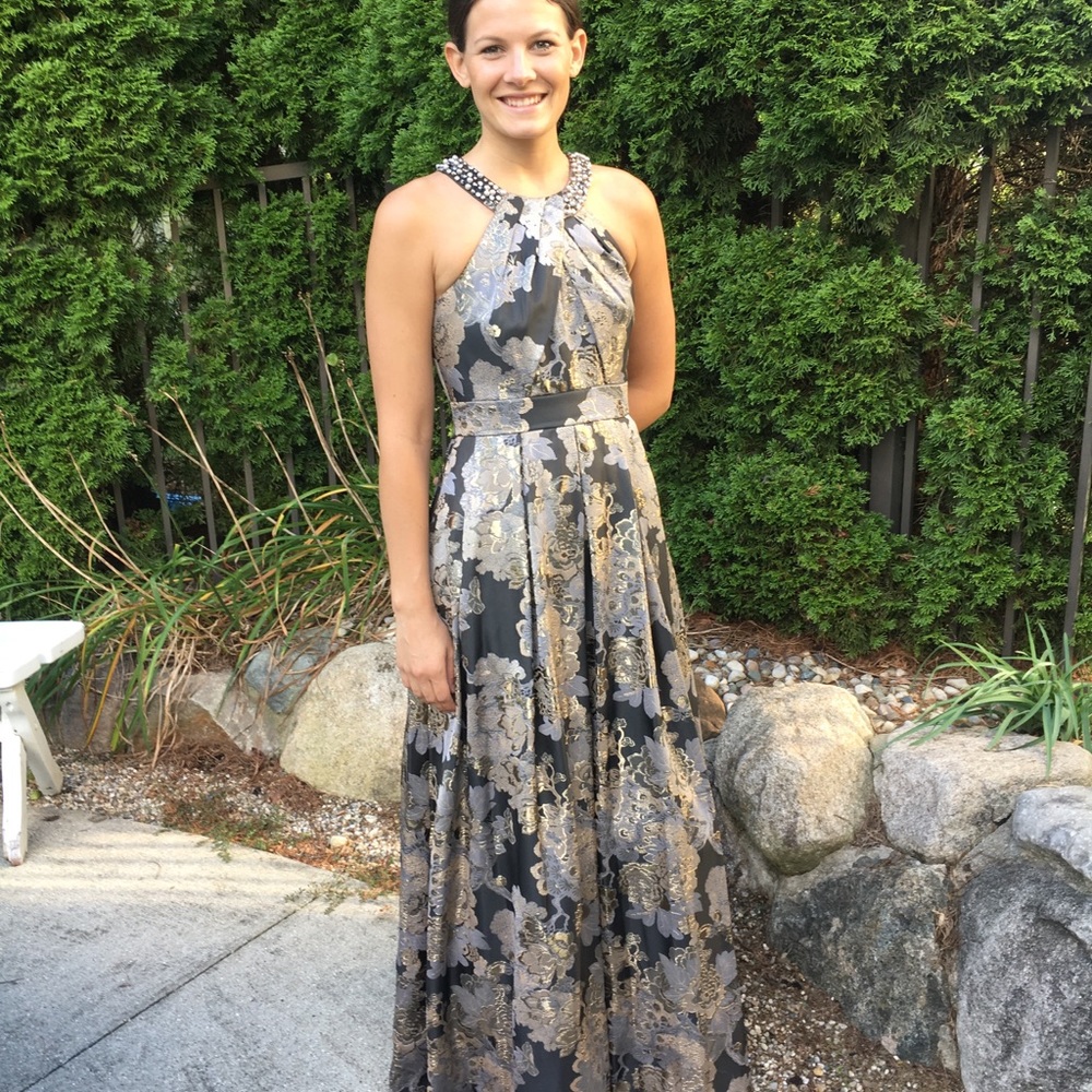 Eliza J Beaded Halter Floral Jacquard Ball Gown